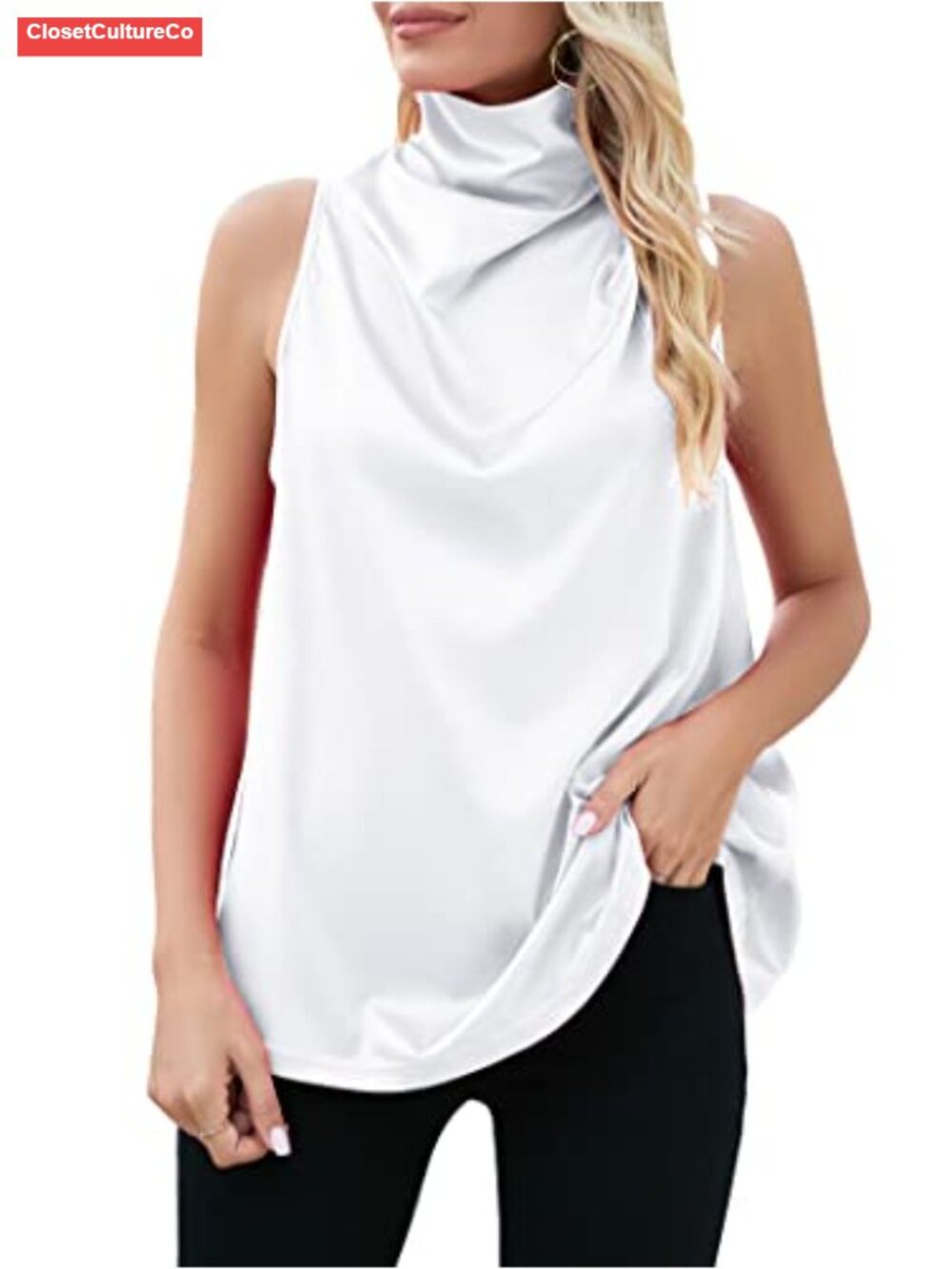 Satin Silky Cowl Neck Ruched Sleeveless Tank Top Keyhole Back